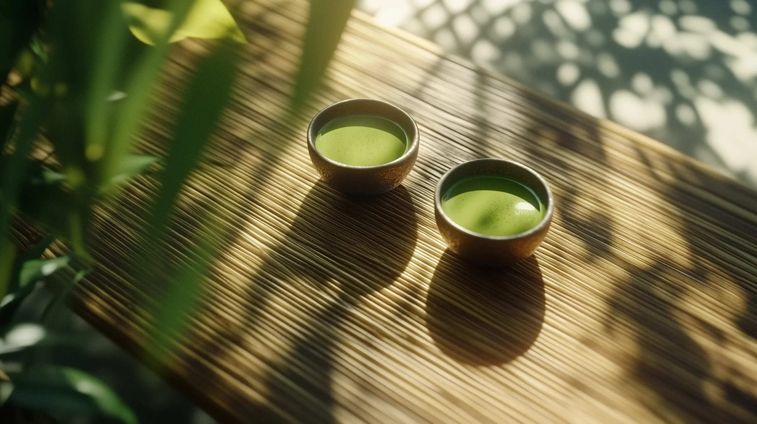 Two Fresh, Hot Matcha Tea Cups on a bamboo board | RW Golden Matcha