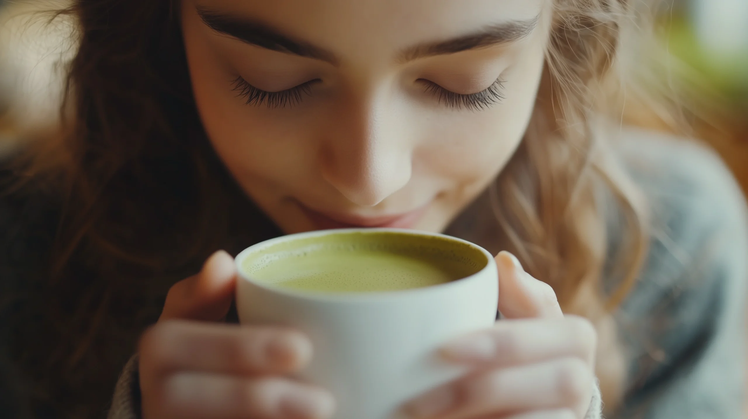 A brunette woman enjoying a hot cup of matcha tea | RW Golden Matcha