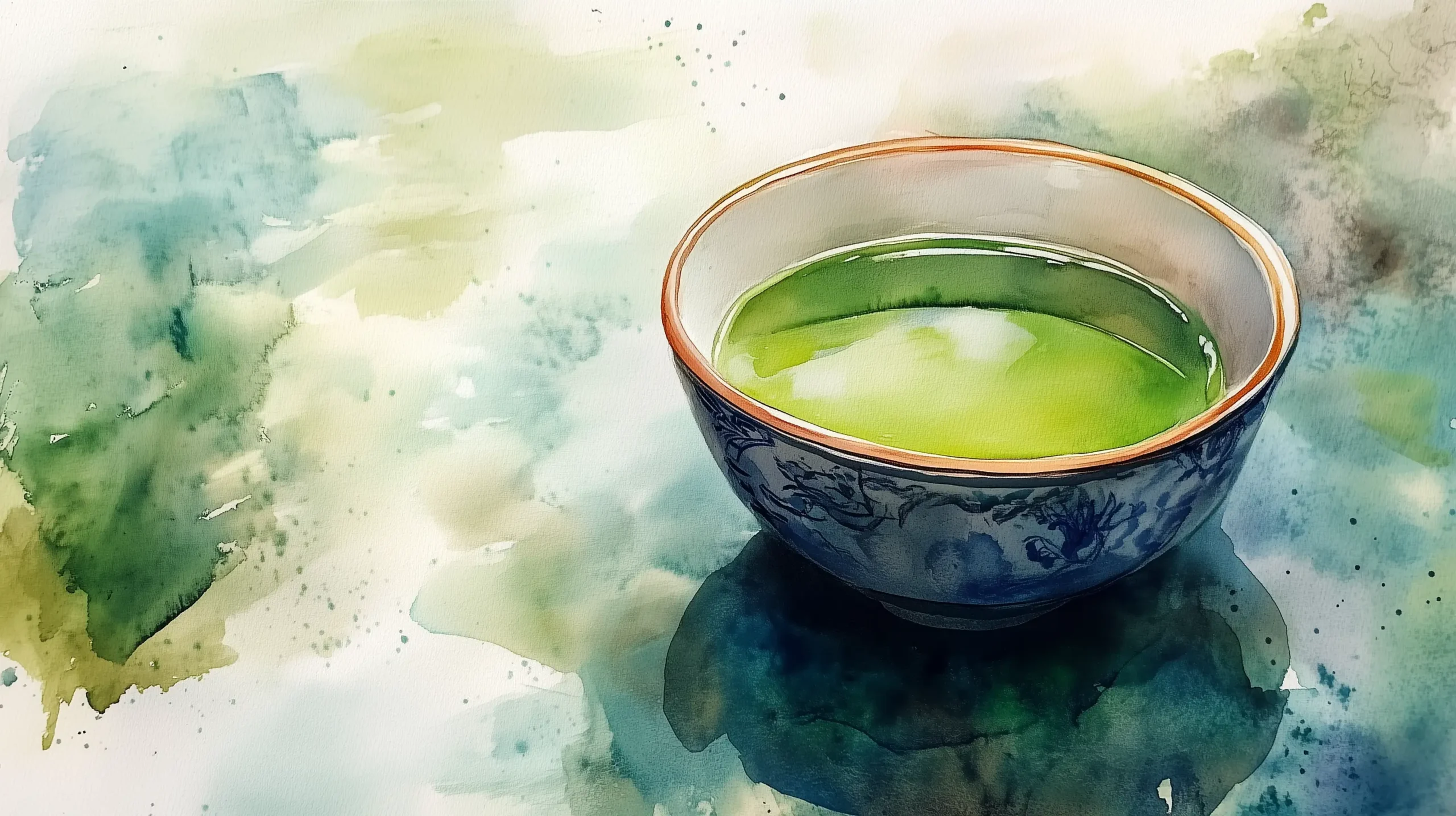 Asian Style art piece showing matcha tea in a painted blue and white bowl | RW Golden Matcha