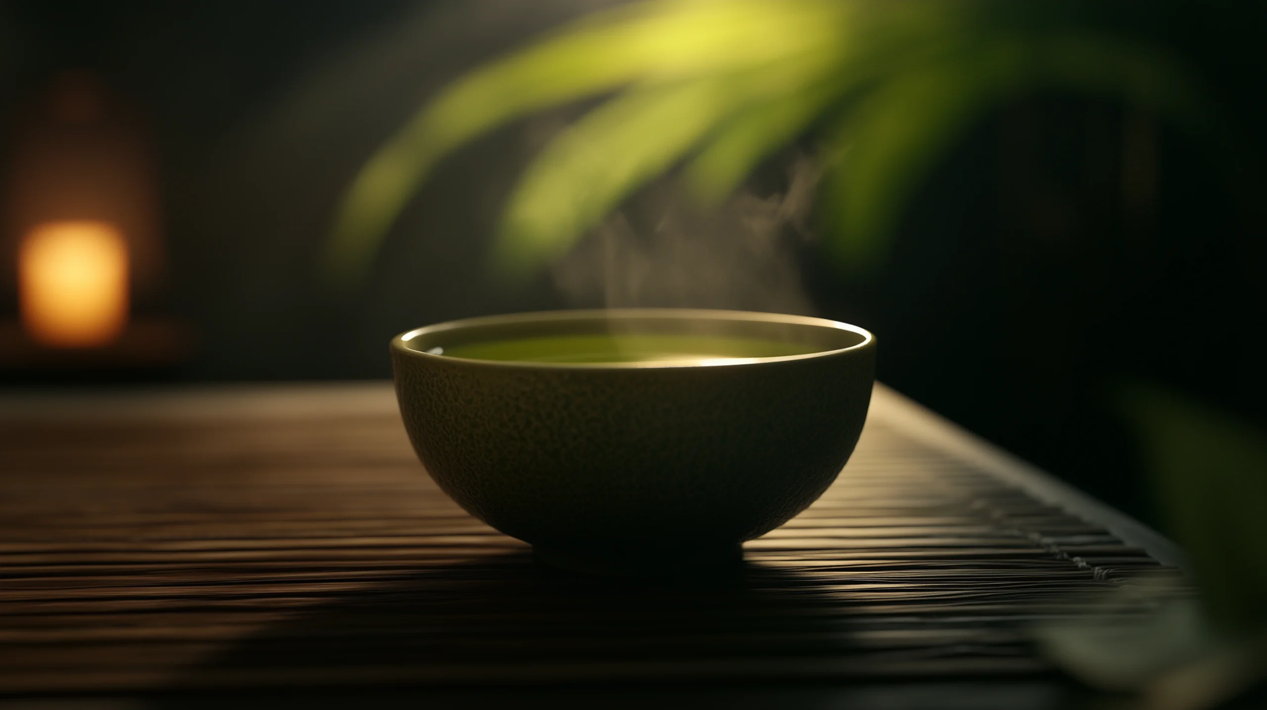 Hot Matcha Green Tea Beverage in a dark room on a bamboo table | RW Golden Matcha