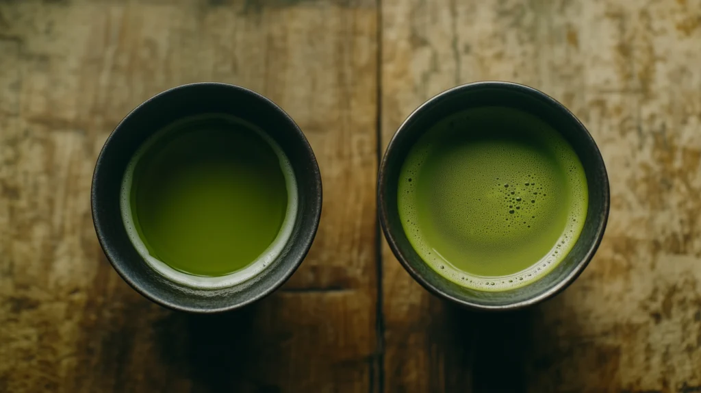 Two cups of matcha tea, one frothed and one not frothed | RW Golden Matcha