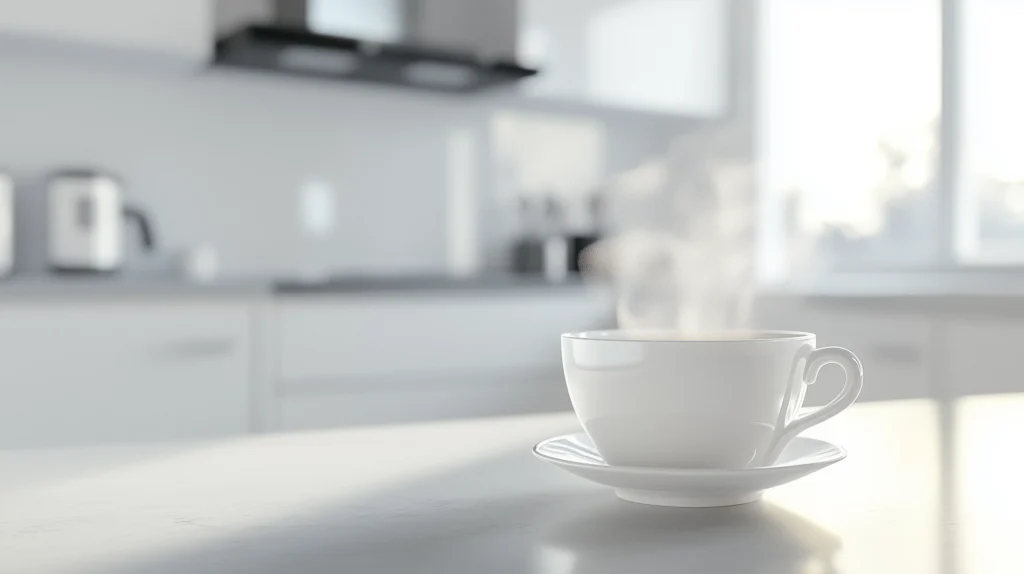 A white tea Glass filled with matcha tea in a white kitchen | RW Golden Matcha