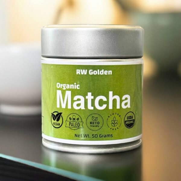 RW Golden Organic Matcha Product Shot on a Glass Desk