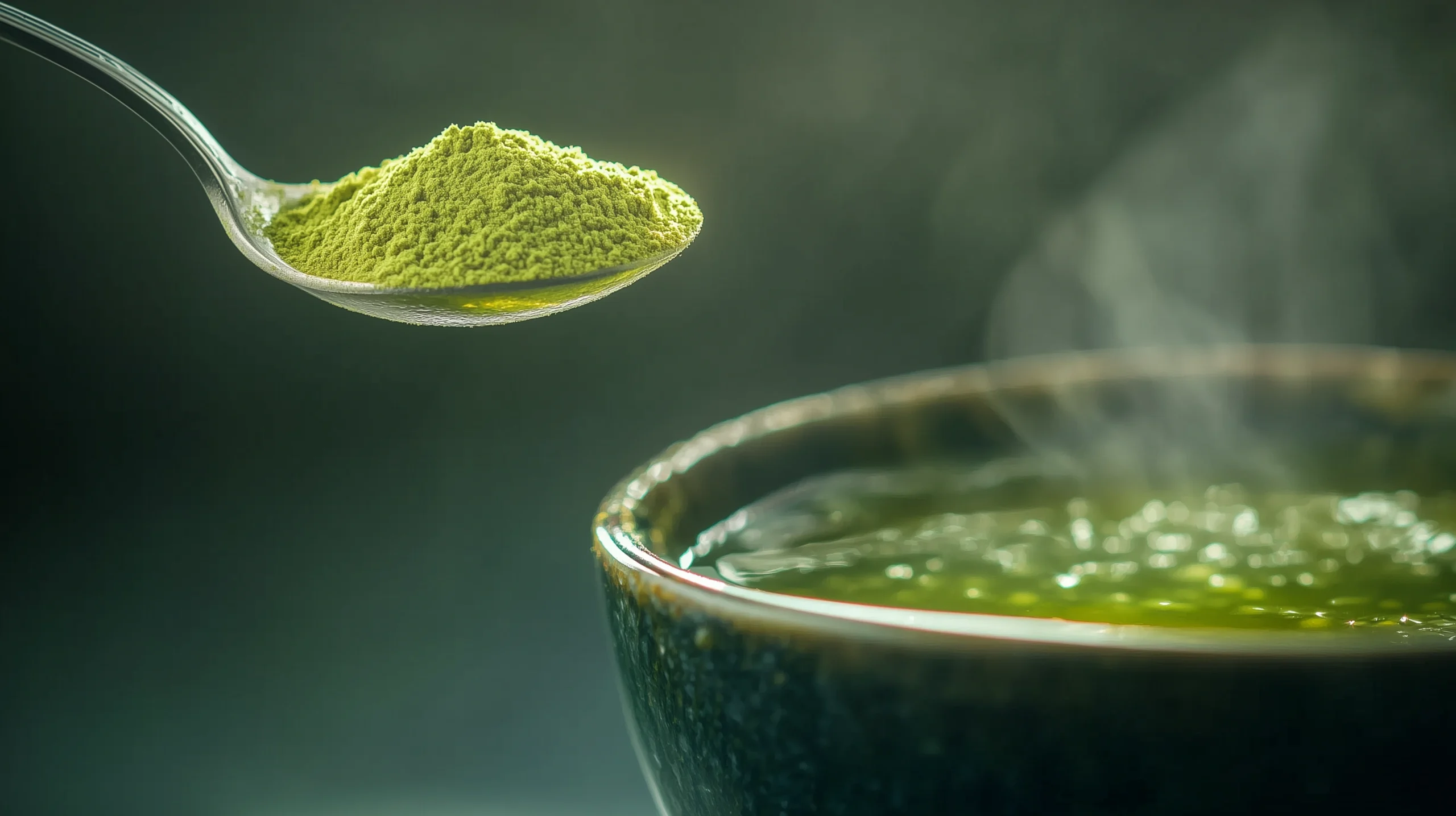 Matcha Powder being added to hot water to make matcha tea | RW Golden Matcha