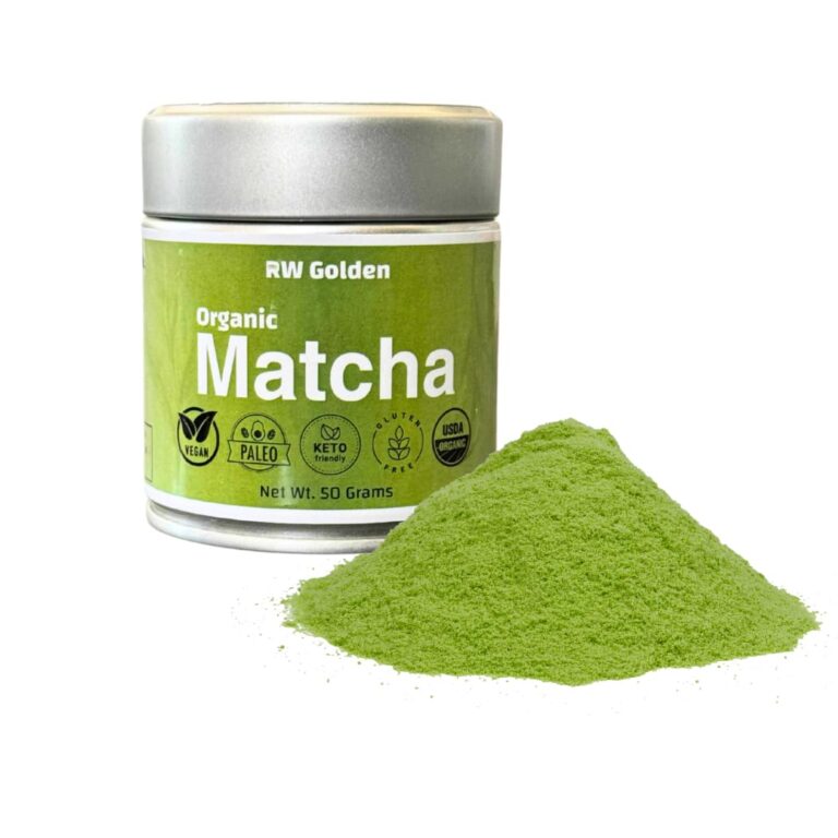 RW Matcha Organic Ceremonial Grade Matcha with a Vibrant Green Matcha Powder Poured In Front Of The Canister